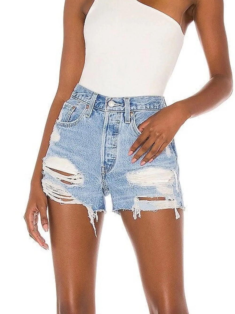 Levi's Original 501 High Rise Light Blue Distressed Cut Off Jean Shorts